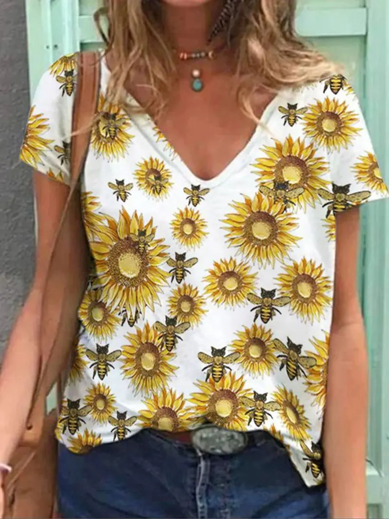 Women's T-Shirt Top Tie-Dye Sunflower Print Summer Casual V-Neck Short-Sleeved T-Shirt Women 2021 Fashion New 
Women's T-Shirt Top Tie-Dye Sunflower Print Summer Casual V-Neck Short-Sleeved T-Shirt Women 2021 Fashion New