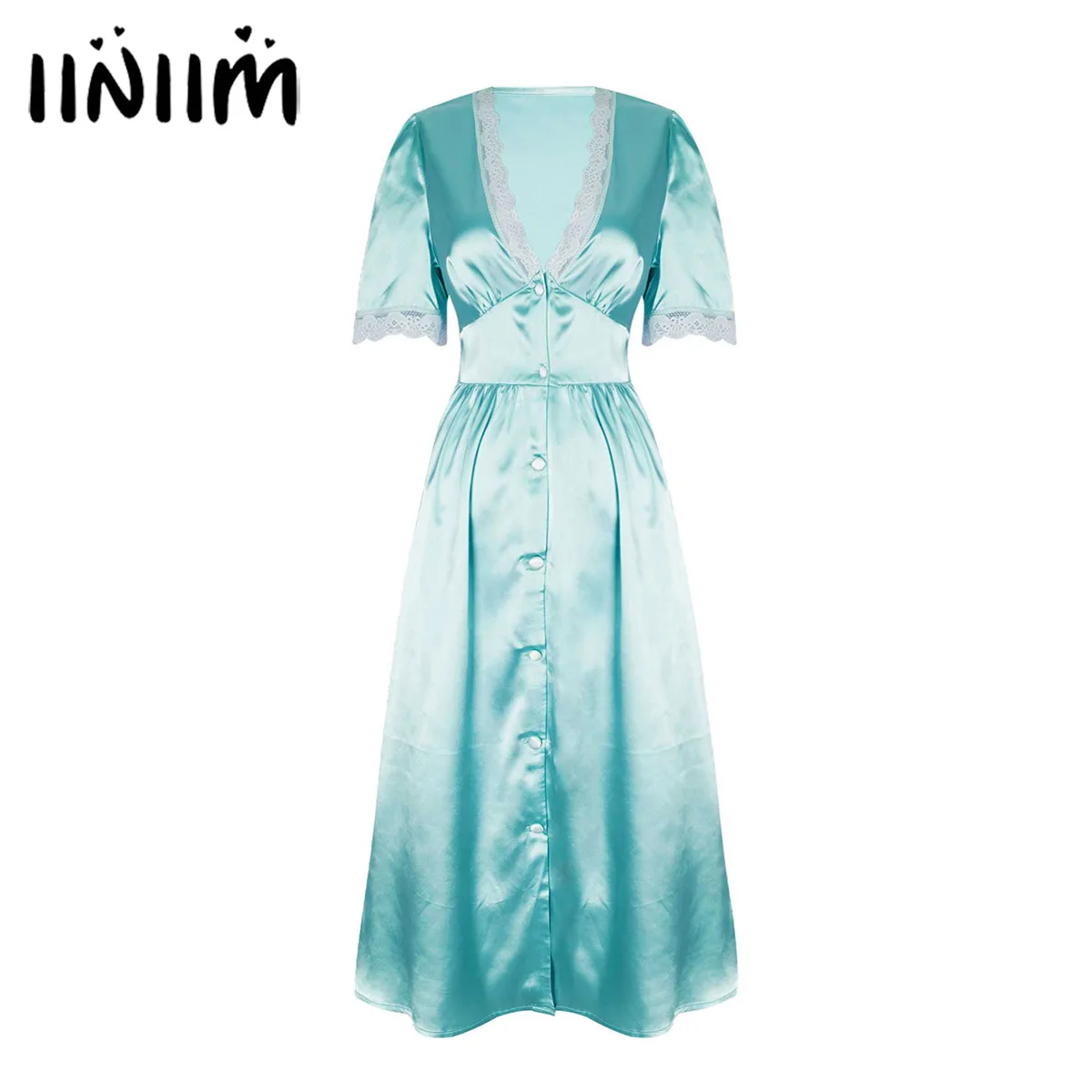 iiniim Womens Fashion Nightgowns Dresses Thin V-Neck Short-Sleeve Front Button Long Pajamas Princess Dress with Ice Silk Lace
iiniim Womens Fashion Nightgowns Dresses Thin V-Neck Short-Sleeve Front Button Long Pajamas Princess Dress with Ice Silk Lace