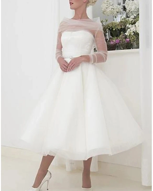 Винтаж 1950s свадебные платья, из прозрачной ткани Чай Длина, с длинными рукавами, с фатиновой юбкой Свадебные платья халат de mairee 
Винтаж 1950s свадебные платья, из прозрачной ткани Чай Длина, с длинными рукавами, с фатиновой юбкой Свадебные платья халат de mairee