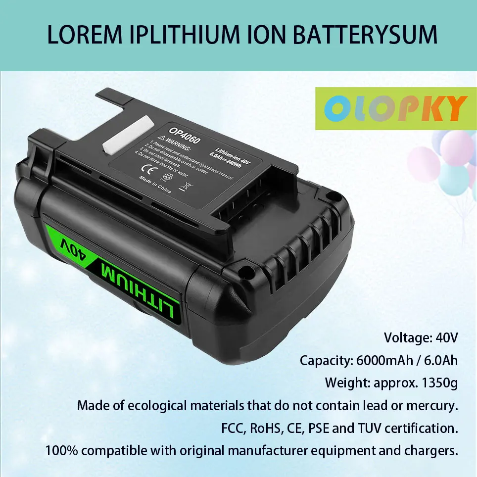 Сменный литий-ионный аккумулятор 40 в 6000 мАч, подходит для Ryobi OP4060 OP4030 OP4026 RY40200 OP4040 RY40430
Сменный литий-ионный аккумулятор 40 в 6000 мАч, подходит для Ryobi OP4060 OP4030 OP4026 RY40200 OP4040 RY40430