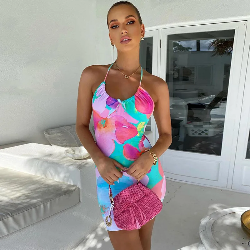 Summer Women Sexy Mini Dress Bodycon Tie Dye Sleeveless Halther Backless Beach Hanging Neck Short Dress 2021 New
Summer Women Sexy Mini Dress Bodycon Tie Dye Sleeveless Halther Backless Beach Hanging Neck Short Dress 2021 New
