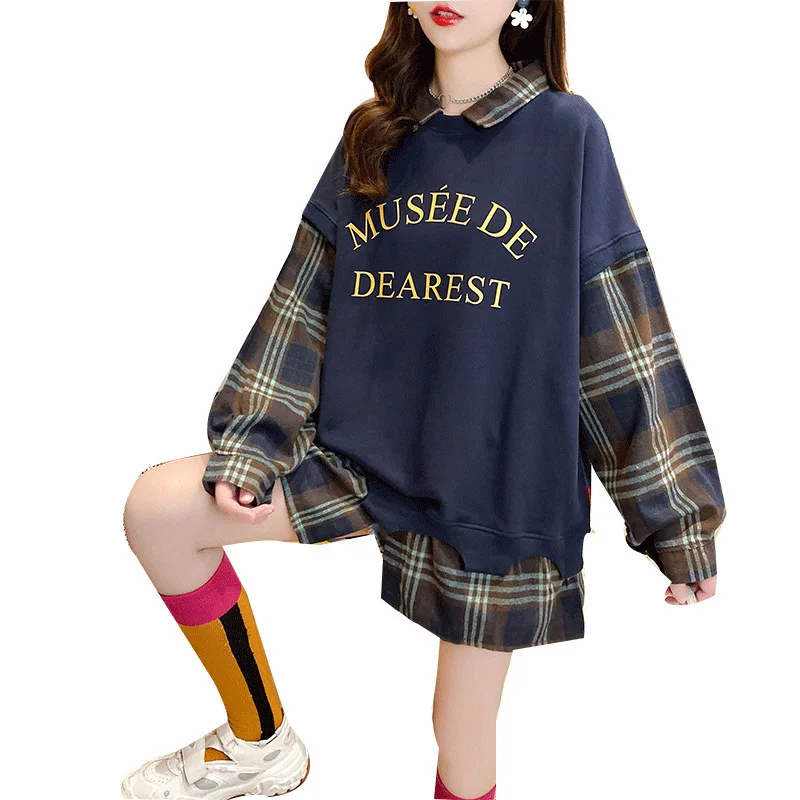 Fat mm oversize loose two-piece coat 2021 autumn new print splicing Plaid long sleeve sweater women's fashion
Fat mm oversize loose two-piece coat 2021 autumn new print splicing Plaid long sleeve sweater women's fashion
