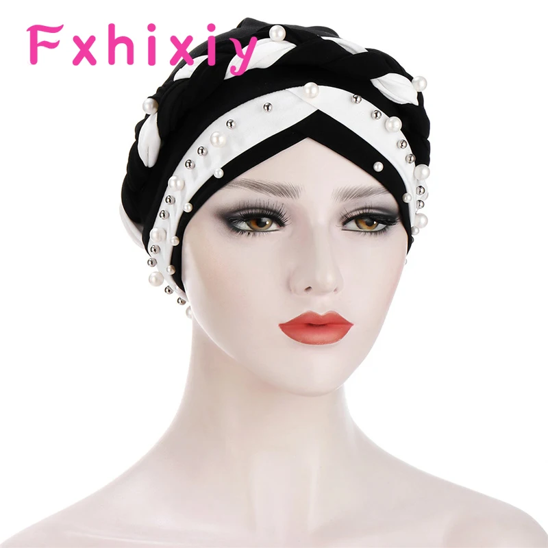 

Handmade Braid Muslim Milk Silk Forehead Cross Beanie Caps Pearls Scarf Turban Headdress Head Wraps Bonnet for Women India Hat
