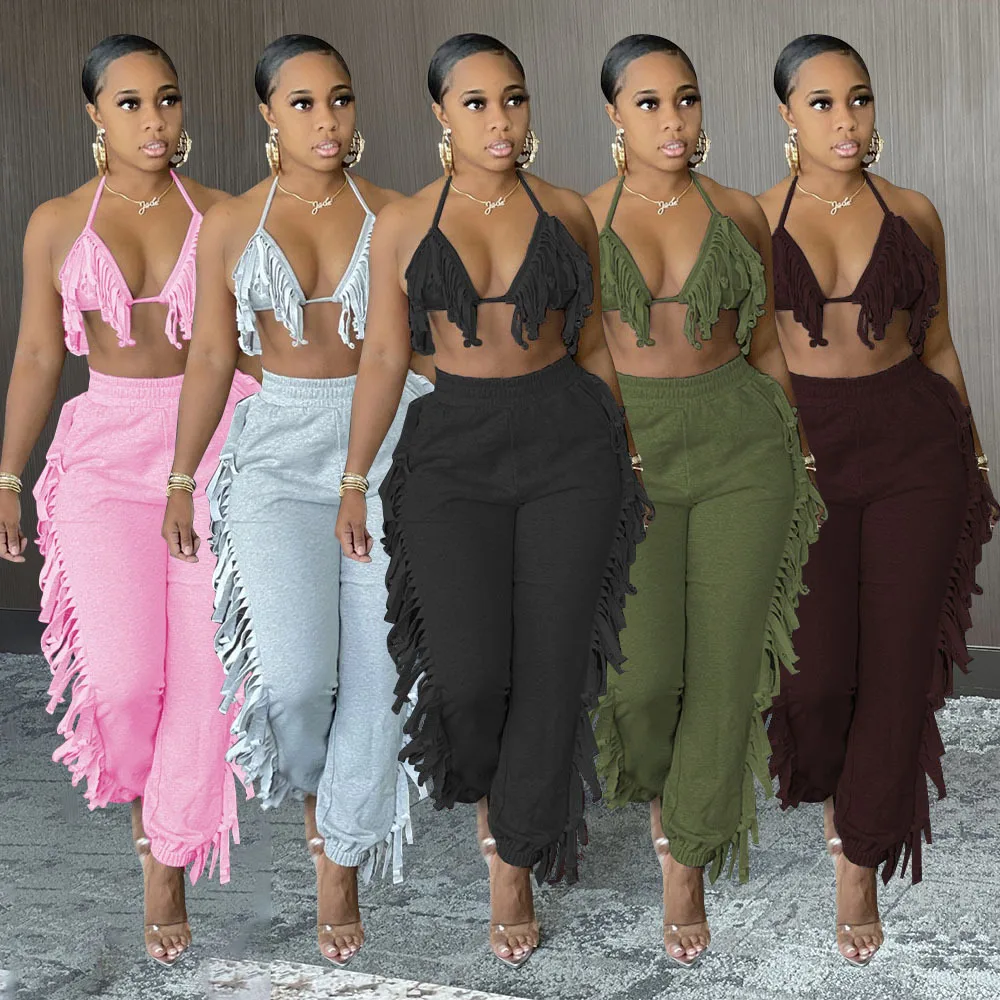 2021 Solid Crop Top Bra Pants Set Tassel Trousers Women Two Pieces Set Sexy Bodycon Streetwear Club Outfits Matching Set
2021 Solid Crop Top Bra Pants Set Tassel Trousers Women Two Pieces Set Sexy Bodycon Streetwear Club Outfits Matching Set