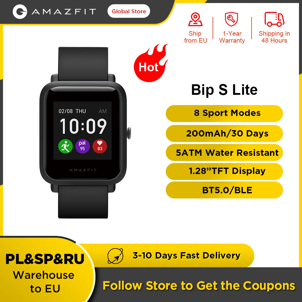 Original Amazfit Bip S Lite Smartwatch 5ATM Waterproof Swimming Color Display Smart Watch 1.28inch For Android ios Phone
Original Amazfit Bip S Lite Smartwatch 5ATM Waterproof Swimming Color Display Smart Watch 1.28inch For Android ios Phone