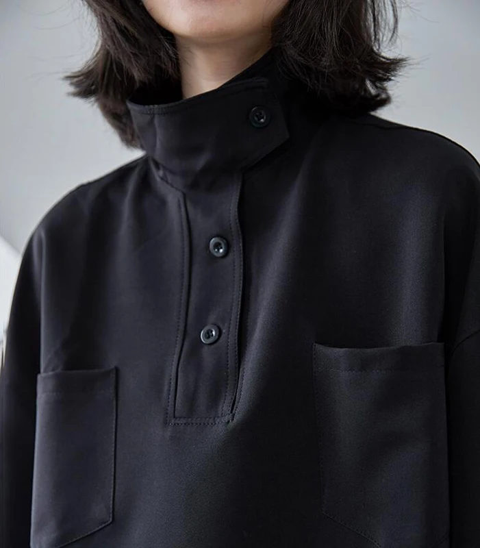 Boyfriend Style Chic Button Stand Collar Black Women Blouse Spring Long Sleeve Loose Tops Korean Streetwear Casual Shirt 2021
Boyfriend Style Chic Button Stand Collar Black Women Blouse Spring Long Sleeve Loose Tops Korean Streetwear Casual Shirt 2021