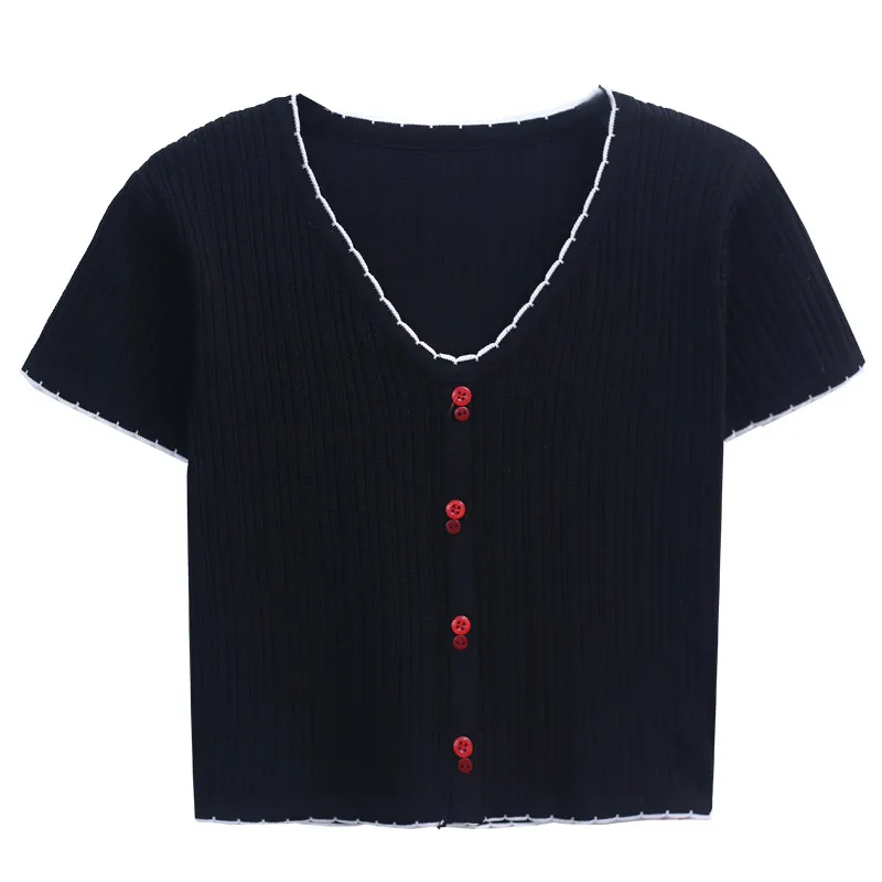 Knitwear Top for Women 2021spring New Trendy Sense of Design V-neck Slim Fit Short Midriff-Baring Short-Sleeved T-shirt Fashion
Knitwear Top for Women 2021spring New Trendy Sense of Design V-neck Slim Fit Short Midriff-Baring Short-Sleeved T-shirt Fashion