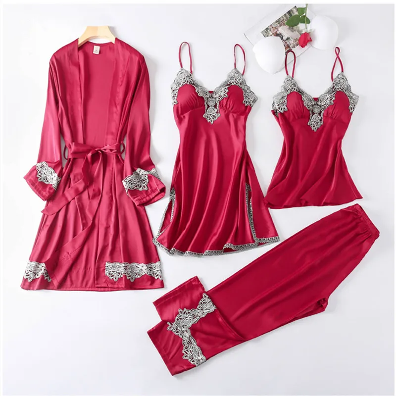 Silk Women's Pajamas 4-piece Lace Satin Pajama Dress Set V-neck Sling Pajamas Home Casual Pajamas Spring and Summer Pajamas 
Silk Women's Pajamas 4-piece Lace Satin Pajama Dress Set V-neck Sling Pajamas Home Casual Pajamas Spring and Summer Pajamas
