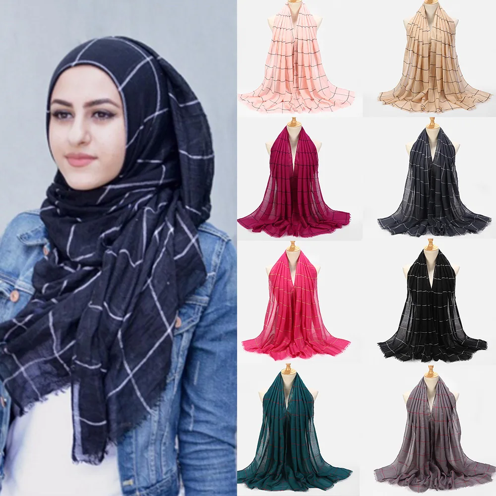 

Хлопковый мусульманский хиджаб в клетку, в полоску, двухцветный, хиджаб, шаль, накидка, шарф, 10 шт.