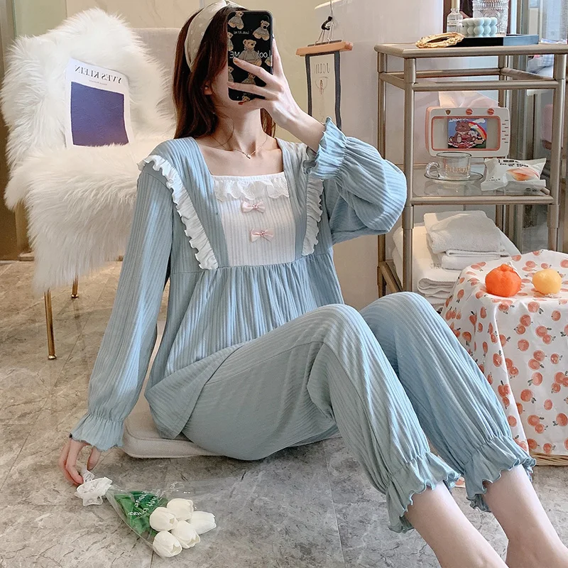 Женская Хлопковая пижама на весну и осень, милый синий кружевной костюм с длинным рукавом, Корейская тонкая Студенческая Домашняя одежда, м...
Женская Хлопковая пижама на весну и осень, милый синий кружевной костюм с длинным рукавом, Корейская тонкая Студенческая Домашняя одежда, м...