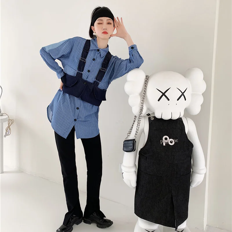 Korejepo Women Blouse 2021 Summer New Striped Stitching Vest Turn-down Collar Long Sleeve Shirt Two-piece Loose Mid-length Tops
Korejepo Women Blouse 2021 Summer New Striped Stitching Vest Turn-down Collar Long Sleeve Shirt Two-piece Loose Mid-length Tops