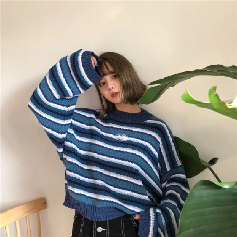 JESSIC Sweater Blue & White Striped Oversized Jumper Embroidered Mock Neck Cropped Pullovers Harajuku Women's Sweaters
JESSIC Sweater Blue & White Striped Oversized Jumper Embroidered Mock Neck Cropped Pullovers Harajuku Women's Sweaters