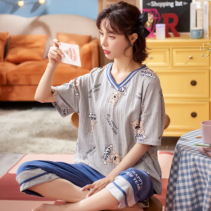 Size"M-4XL" Women's Cotton Homedress Pajamas Sets Half Sleeve Calf-Length Pants Nightgown Round Neck Sleepwear New Home Clothing 
Size"M-4XL" Women's Cotton Homedress Pajamas Sets Half Sleeve Calf-Length Pants Nightgown Round Neck Sleepwear New Home Clothing