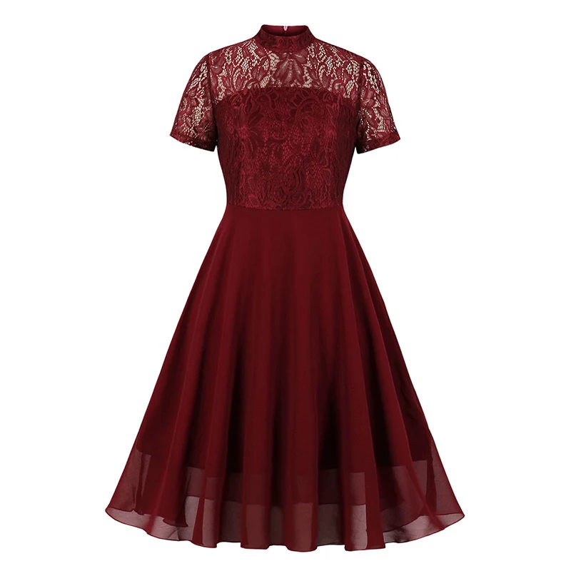 

2022 Women Summer Fashion Wine Red Lace Elegant A Line Casual Party Knee Length Skater Swing dress female vestido