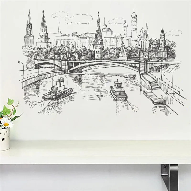 

Sketch Style Kremlin Moscow River Scenery Wall Sticker For Home Decoration Landscape Wall Mural Art Diy Pvc Wall Decal