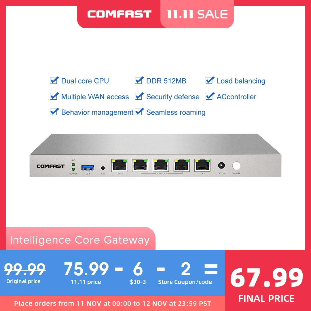 COMFAST CF-AC50 Gigabit Wifi AC Router Enterprise Gateway Seamless Roaming/ Multi WAN/Load Balance QoS PPPoE 4 Wan LAN Port Rout
COMFAST CF-AC50 Gigabit Wifi AC Router Enterprise Gateway Seamless Roaming/ Multi WAN/Load Balance QoS PPPoE 4 Wan LAN Port Rout