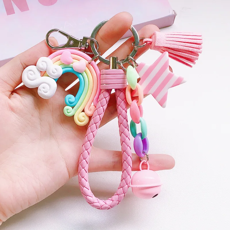Cute Rainbow Key Chain Leather Strap Braided Rope Tassel Keychain for Women Girl Bell Star Lollipop Bag Charm Key Ring Pendant
Cute Rainbow Key Chain Leather Strap Braided Rope Tassel Keychain for Women Girl Bell Star Lollipop Bag Charm Key Ring Pendant