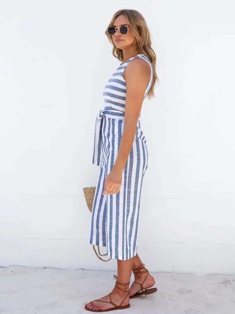 European American summer new women's round neck sleeveless belted striped jumpsuit
European American summer new women's round neck sleeveless belted striped jumpsuit