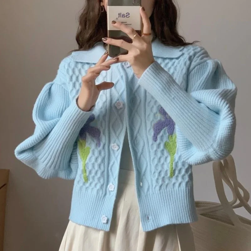 Женский свитер, кардиган, шикарный осенне-зимний вязаный свитер свободного кроя во французском стиле с отложным воротником и цветочной выш... 
Женский свитер, кардиган, шикарный осенне-зимний вязаный свитер свободного кроя во французском стиле с отложным воротником и цветочной выш...