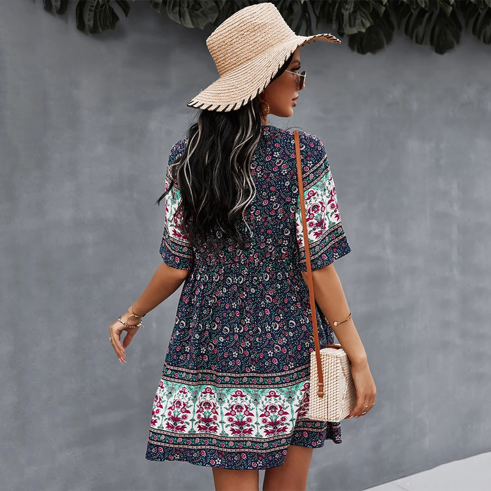 Women's Floral Print Short Dress Short Sleeve High Waist V-Neck Button up Flowy Dress for Party Beach Summer FS99 
Women's Floral Print Short Dress Short Sleeve High Waist V-Neck Button up Flowy Dress for Party Beach Summer FS99