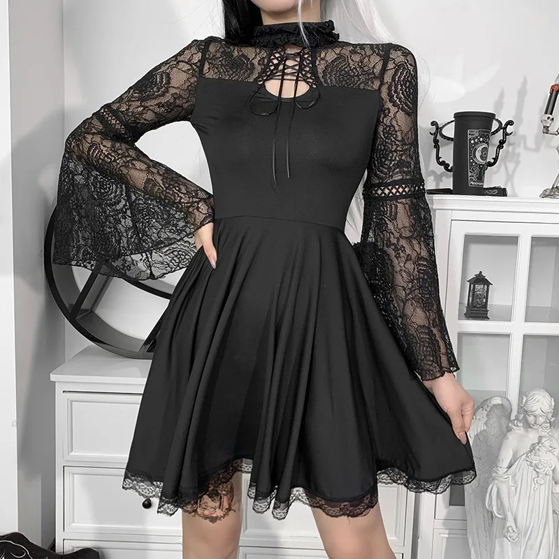 Women's Dress Gothic Retro Darkness Fashion Solid Color Lace Mesh Stitching High Neck Flared Sleeve Spring Autumn Black Dresses
Women's Dress Gothic Retro Darkness Fashion Solid Color Lace Mesh Stitching High Neck Flared Sleeve Spring Autumn Black Dresses