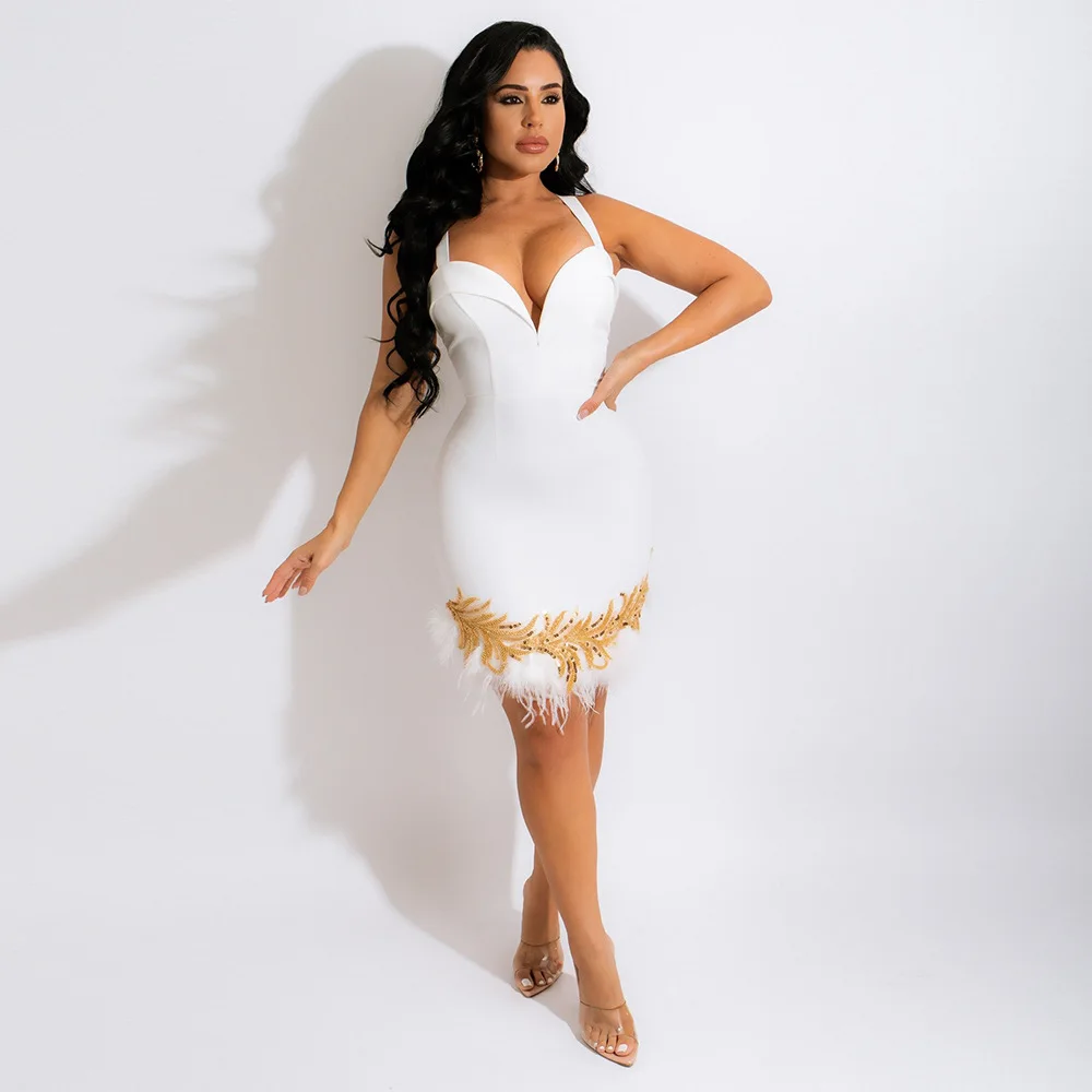 High Quality Celebrity White V-neck Feathers Rayon Bandage Dress Elegant Club Party Dress Vestidos
High Quality Celebrity White V-neck Feathers Rayon Bandage Dress Elegant Club Party Dress Vestidos