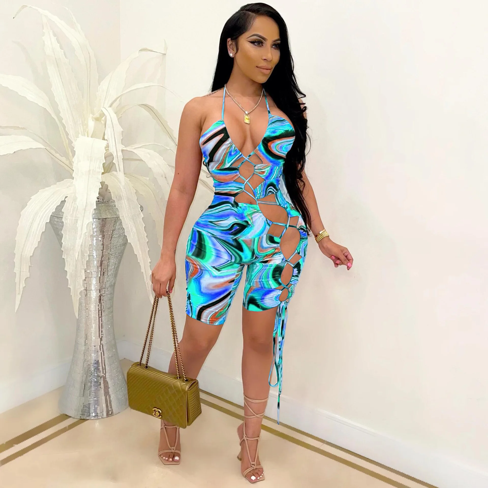 Cq118 Europe and the United States sexy summer women's bandage tie dyed suspender cut-out Jumpsuit spot supply
Cq118 Europe and the United States sexy summer women's bandage tie dyed suspender cut-out Jumpsuit spot supply