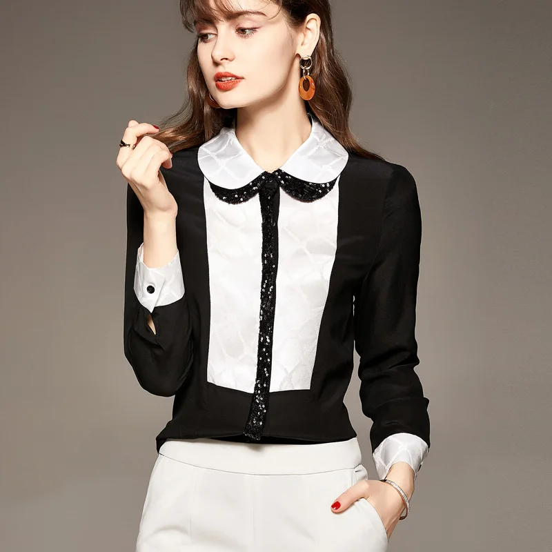 European and American women's new temperament lapel long-sleeved stitching silk blouse all-match mulberry silk shirt
European and American women's new temperament lapel long-sleeved stitching silk blouse all-match mulberry silk shirt