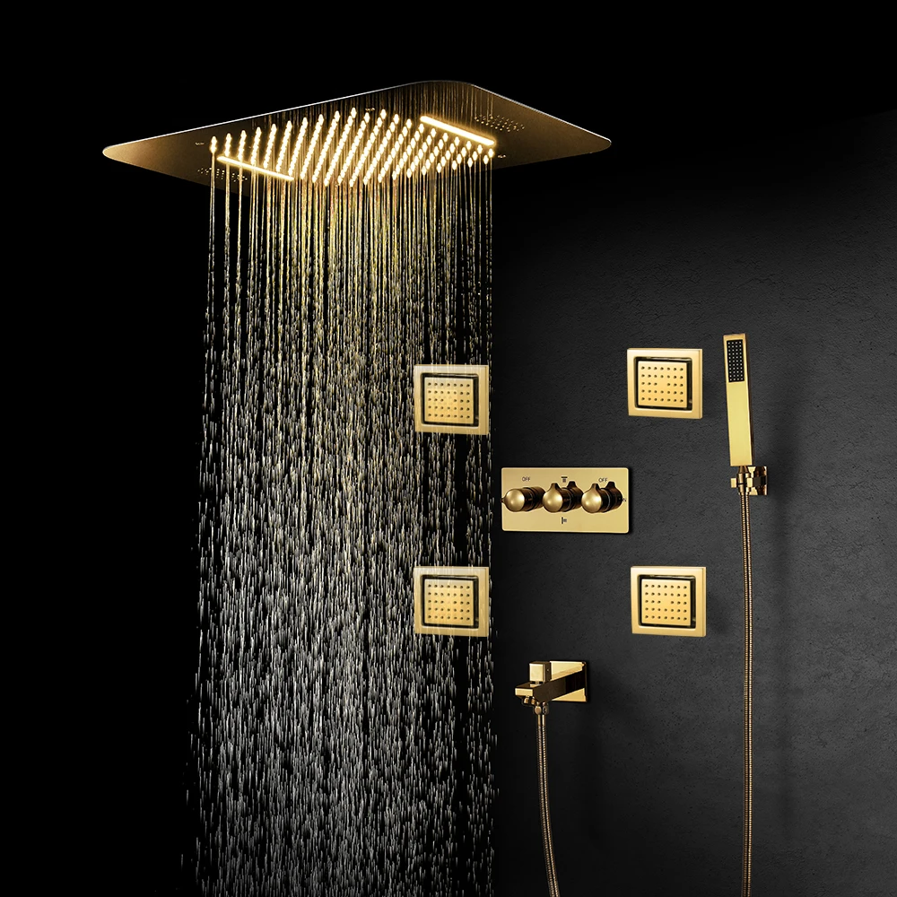 Gold Thermostatic Rain Shower System Higt Pressure Waterfall ShowerHead Music Bluetooth Ceiling LED Shower Panel Bathroom Faucet
Gold Thermostatic Rain Shower System Higt Pressure Waterfall ShowerHead Music Bluetooth Ceiling LED Shower Panel Bathroom Faucet