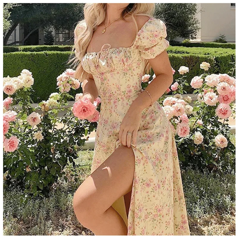 Summer Dress Women 2021 Short Puff Sleeve Flroal Printed Ruched Party High Split Long Dresses Drawstring Sexy Vestidos Sundress
Summer Dress Women 2021 Short Puff Sleeve Flroal Printed Ruched Party High Split Long Dresses Drawstring Sexy Vestidos Sundress