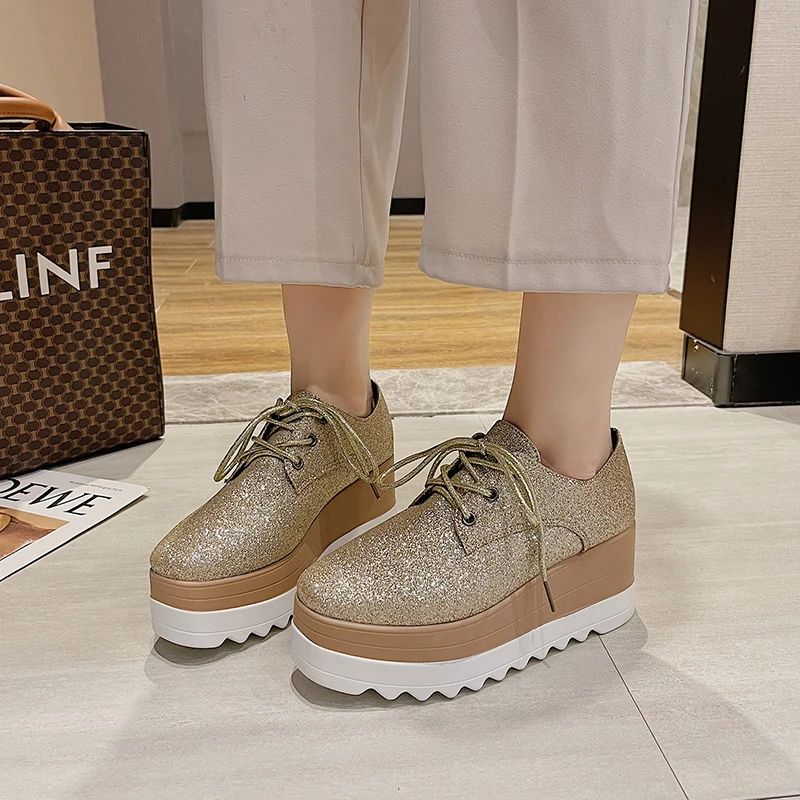 

2022 Ladies Platform Shoes PU Vulcanized Shoes Lace-up Shoes Creeper Retro Snake Pattern Light-colored Sole Casual Shoes