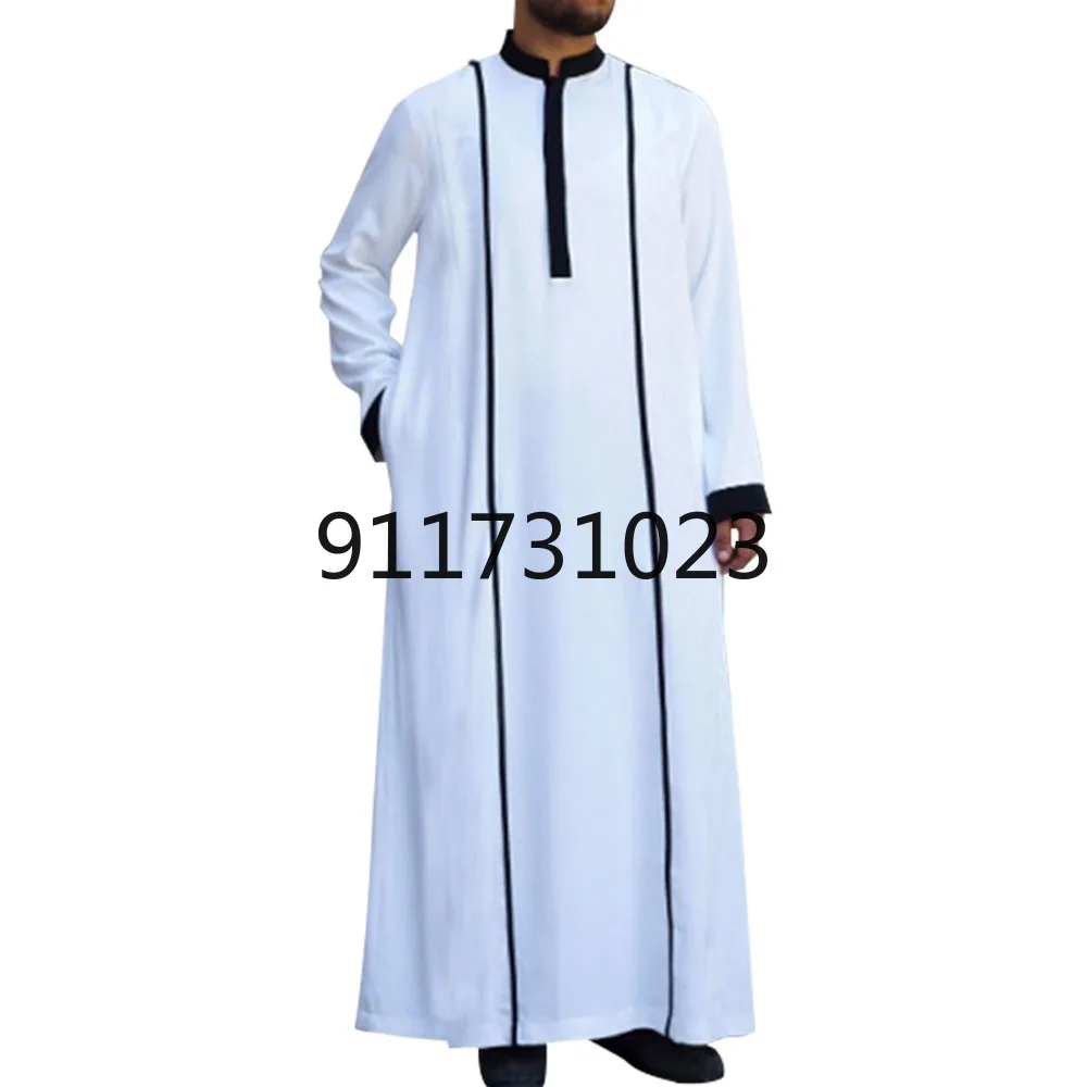 Muslim Men's Fashion Robe Color Contrast Splicing Loose Casual Indie Oversize Simplicity Double Collar Long Sleeve 2021 Summer |