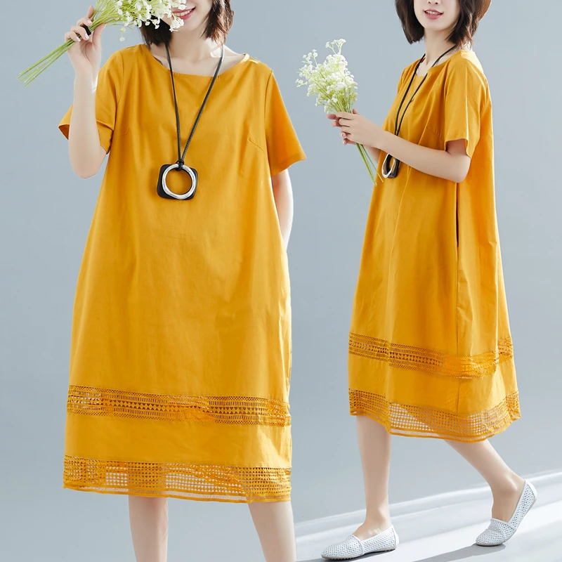 Plus Size Women Cotton Dress Summer Sundress Female Elegant Vestidos Loose Spliced Solid Basic Lady Dress Big Size 2021
Plus Size Women Cotton Dress Summer Sundress Female Elegant Vestidos Loose Spliced Solid Basic Lady Dress Big Size 2021