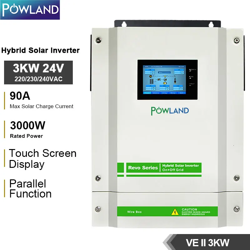 Гибридный солнечный инвертор POWLAND 3000 Вт, MPPT параллельный инвертор 220 В постоянного тока, 90 А, В, 24 В, сенсорный экран с датчиком CT
Гибридный солнечный инвертор POWLAND 3000 Вт, MPPT параллельный инвертор 220 В постоянного тока, 90 А, В, 24 В, сенсорный экран с датчиком CT