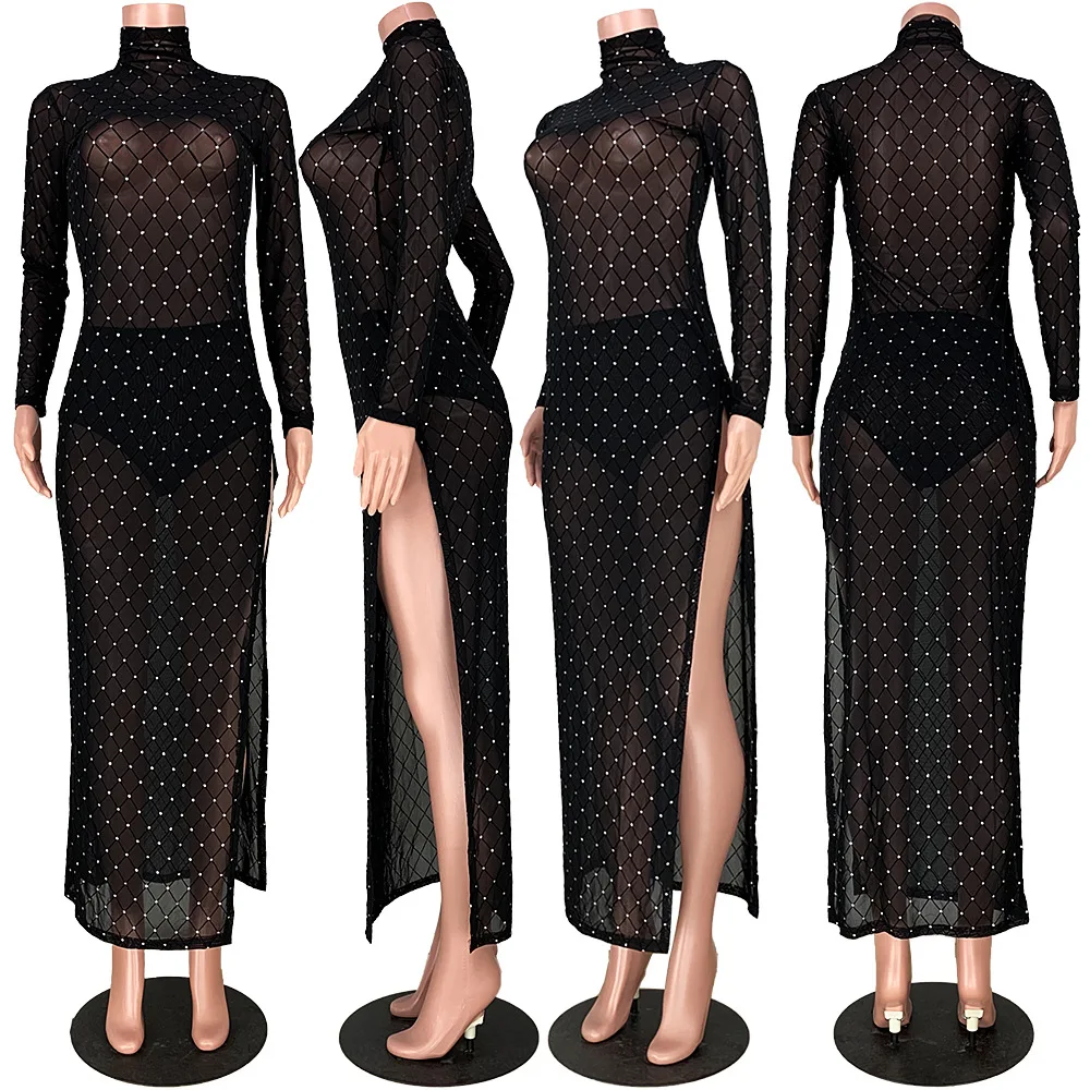 Women Long Sleeve Night Club Wear Sexy Plaid Mesh High Split Party Dress See Through Bride Evening Prom Maxi Dresses Plus Size 
Women Long Sleeve Night Club Wear Sexy Plaid Mesh High Split Party Dress See Through Bride Evening Prom Maxi Dresses Plus Size