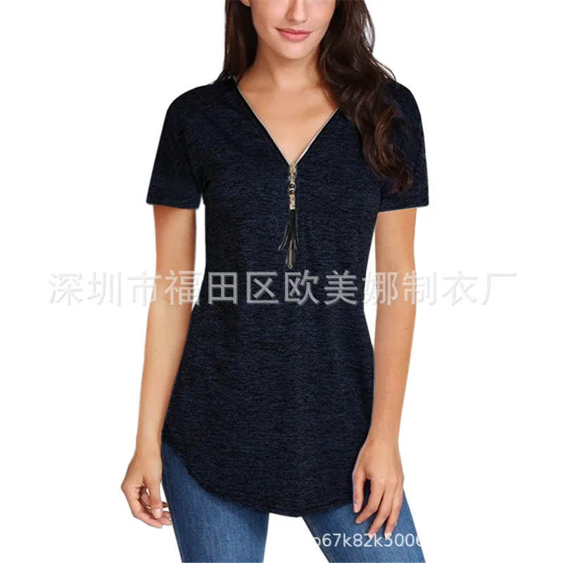 2021 spring and summer new V-neck tassel zipper solid short sleeve women's T-shirt
2021 spring and summer new V-neck tassel zipper solid short sleeve women's T-shirt