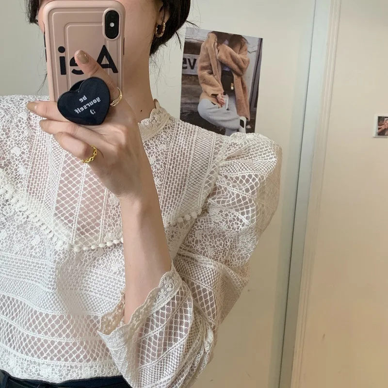 Casual Blouses Korean Office Chic Vintage Blouse Women Lace Hollow Tops Stand Collar Apricot Puff Sleeve Shirts Thin 12624
Casual Blouses Korean Office Chic Vintage Blouse Women Lace Hollow Tops Stand Collar Apricot Puff Sleeve Shirts Thin 12624
