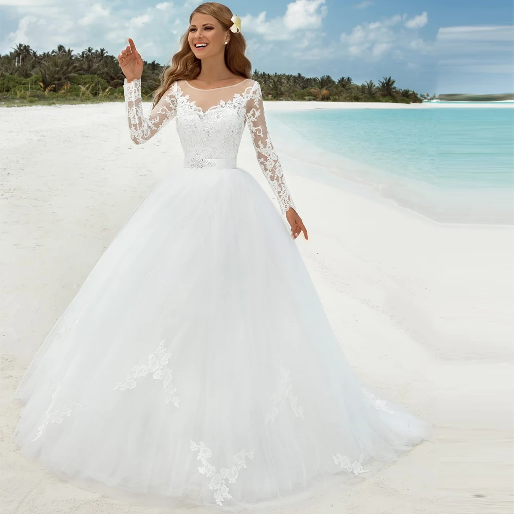 Vestidos Elegant Wedding Dresses Tulle Illusion Appliques Beading Sashes Full Sleeve Bateau Lace Up Ball Bridal Gowns
Vestidos Elegant Wedding Dresses Tulle Illusion Appliques Beading Sashes Full Sleeve Bateau Lace Up Ball Bridal Gowns