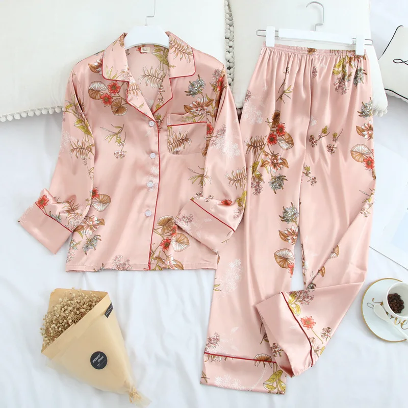 Spring Womens Pajamas Sets Ice Silk Long Sleeve Thin Printed Breathable Sleepwear Home Clothes Casual Nighties Trousers Pajamy
Spring Womens Pajamas Sets Ice Silk Long Sleeve Thin Printed Breathable Sleepwear Home Clothes Casual Nighties Trousers Pajamy