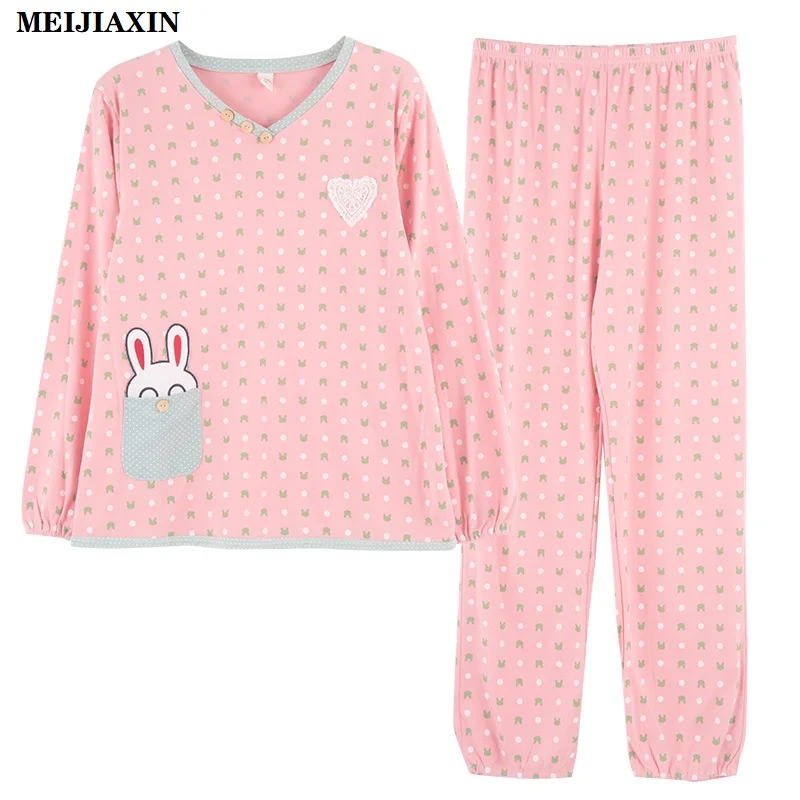 Spring Autumn Knitted Cotton Women Pajamas Set Cartoon Pyjamas Long Sleeve V-neck Loose Plus Size M-3XL Female Nighty Homewear
Spring Autumn Knitted Cotton Women Pajamas Set Cartoon Pyjamas Long Sleeve V-neck Loose Plus Size M-3XL Female Nighty Homewear