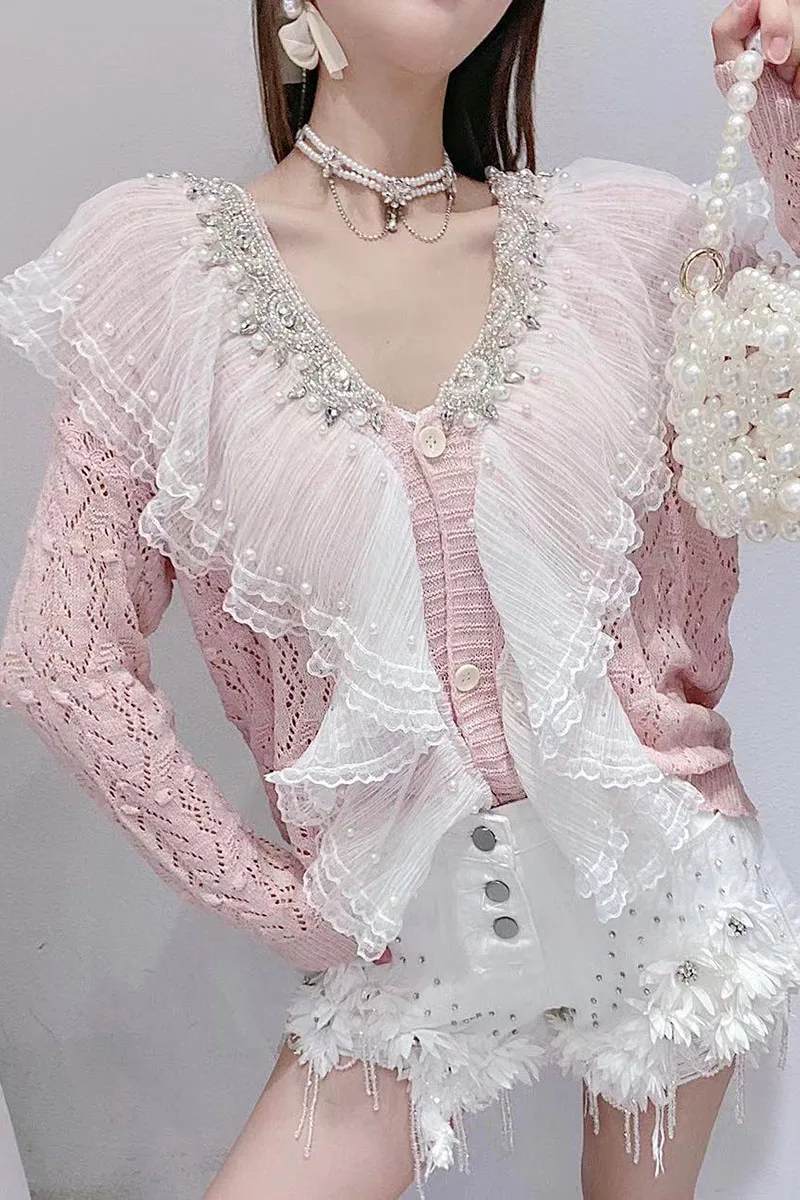 Court Style All-matching Beaded V-neck Long Sleeves Blouse Female High Street New Sweet Lace Ruffled Stitching Cardigan Shirt
Court Style All-matching Beaded V-neck Long Sleeves Blouse Female High Street New Sweet Lace Ruffled Stitching Cardigan Shirt