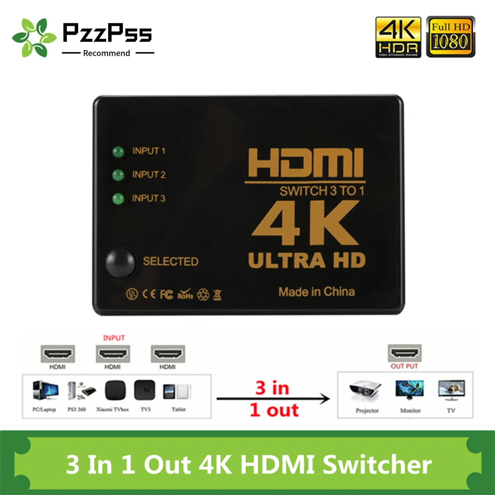 PzzPss 4K 1080P Mini 3 Порты и разъёмы совместимому с HDMI переключатель 4 Переключатель