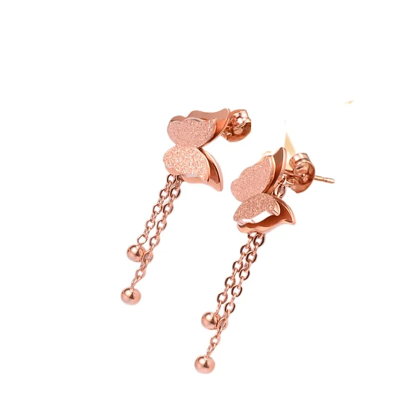 Simple Rose Gold Color Ear Jewelry With Two Frosted Butterflies and Two Stalk Sulphur Titanium Steel Earrings 
Simple Rose Gold Color Ear Jewelry With Two Frosted Butterflies and Two Stalk Sulphur Titanium Steel Earrings