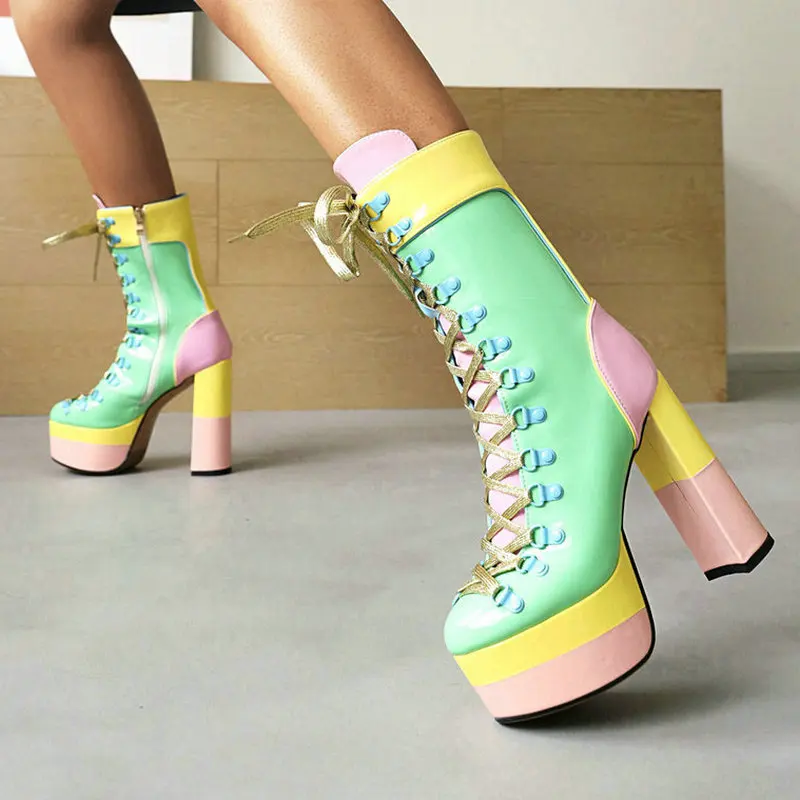 Green Yellow Women Ankle Boots Platform Square High Heel Ladies Short Boots Patent PU Leather Mixed Color Women Lace Up Boots
Green Yellow Women Ankle Boots Platform Square High Heel Ladies Short Boots Patent PU Leather Mixed Color Women Lace Up Boots