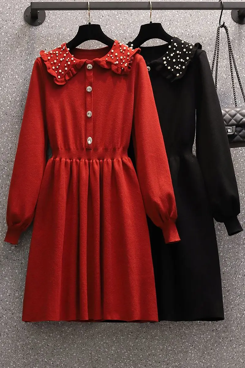 COIGARSAM 4XL Plus Size Women dress Beading Turn-down Collar Dresses Red Black 9302
COIGARSAM 4XL Plus Size Women dress Beading Turn-down Collar Dresses Red Black 9302