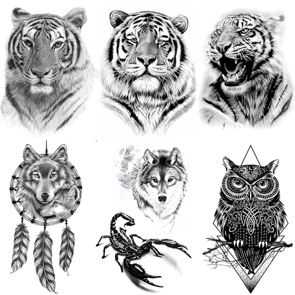 

Fiercely Tiger King Temporary Tattoo Sticker For Men Women Arm Leg Fake Tattoos 3D Scorpion Body Art Owl Henna Tatoo Paper Paste
