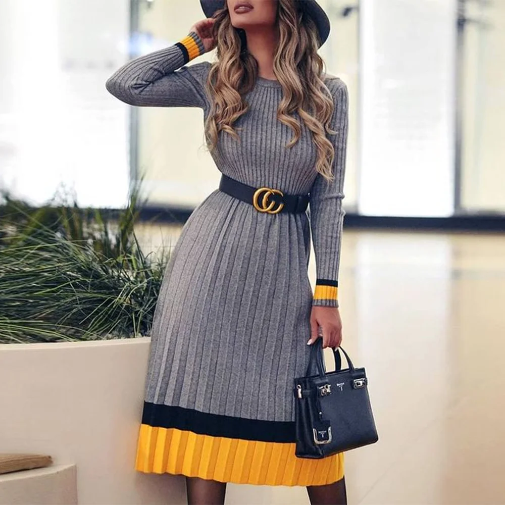 Vintage Gray Knitted Dress Women 2021 Autumn Winter Long Sleeves Office Lady O Neck Belted Female Knitwear Knitting Midi Dress
Vintage Gray Knitted Dress Women 2021 Autumn Winter Long Sleeves Office Lady O Neck Belted Female Knitwear Knitting Midi Dress