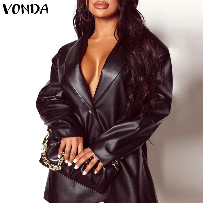Elegant Office PU Leather Jackets 2021 VONDA Autumn Women Long Sleeve Lapel Button Coats Suit Coats Party Outerwear Veste Femme
Elegant Office PU Leather Jackets 2021 VONDA Autumn Women Long Sleeve Lapel Button Coats Suit Coats Party Outerwear Veste Femme