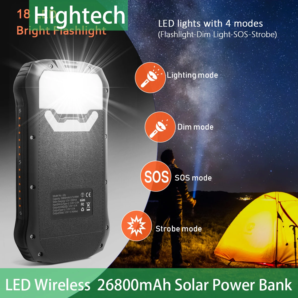 IP66 Waterproof Solar Wireless Power Bank Capacity Dutable Power 26800mAh Type-C Power Bank LED Flashlight
IP66 Waterproof Solar Wireless Power Bank Capacity Dutable Power 26800mAh Type-C Power Bank LED Flashlight