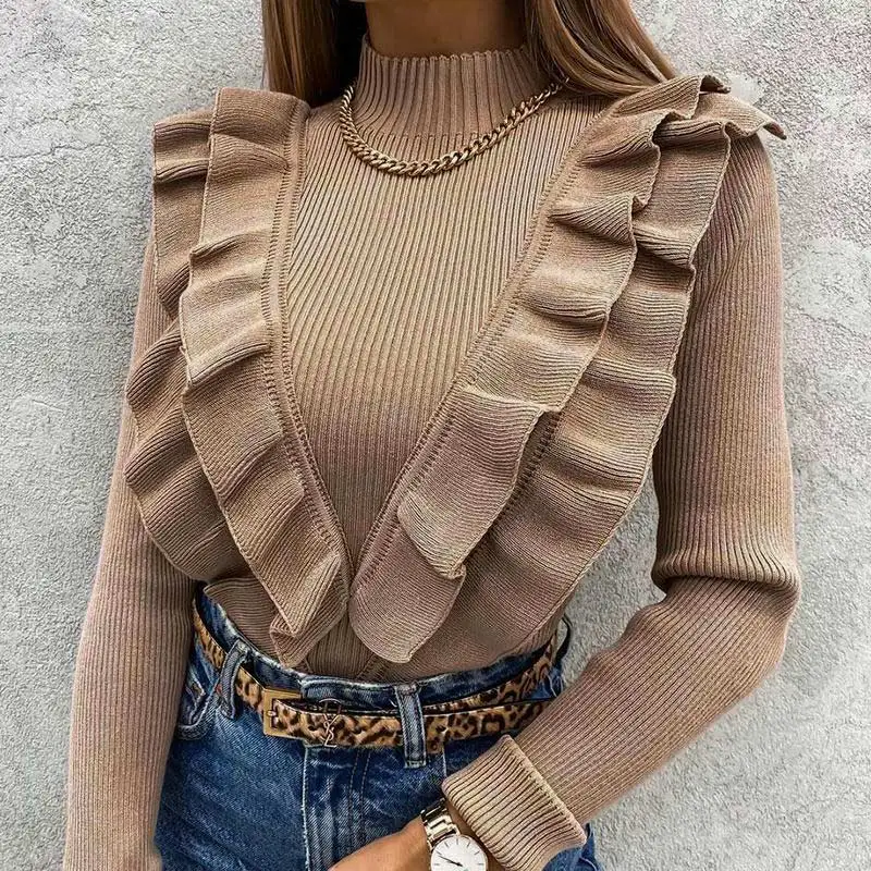Elegant Mock Neck Women's Knitted Sweater 2021 Fall Fashion Ruffles Long Sleeve Solid Coffee Slim Office Lady Pullover Top
Elegant Mock Neck Women's Knitted Sweater 2021 Fall Fashion Ruffles Long Sleeve Solid Coffee Slim Office Lady Pullover Top